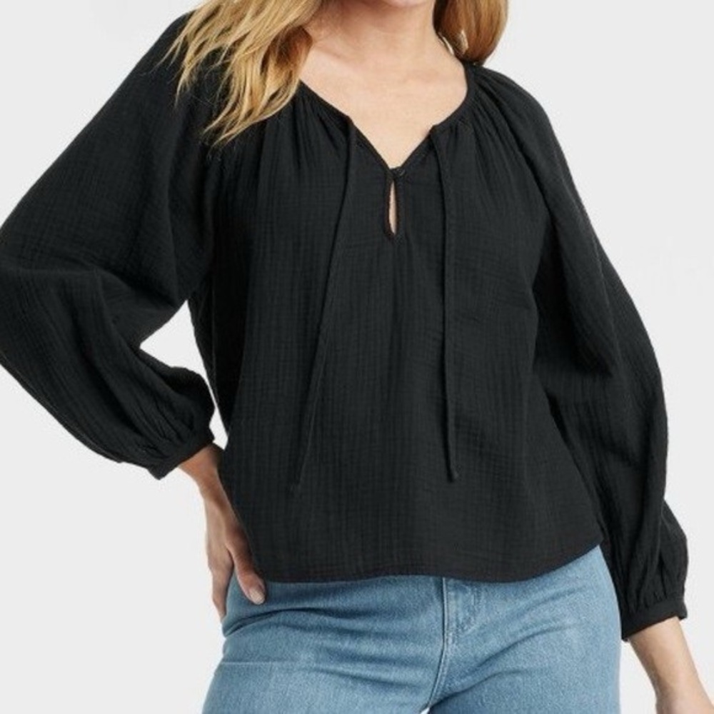 Universal Thread Cotton Black Blouse with Balloon Sleeves